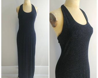 Small Vintage Y2K 90s Black Glitter Slip Dress Maxi Halter Party Gown