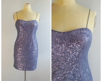 Small Vintage 1990s Sequin Bombshell Party Mini Dress Purple NYE