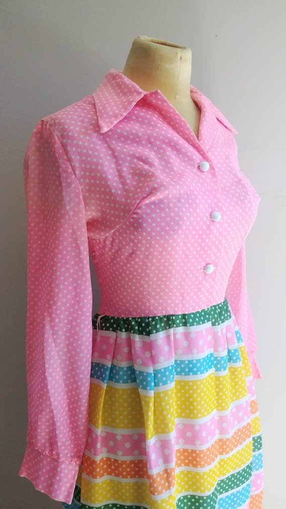 Small Vintage 1960s Dress Cotton Rainbow Polka Do… - image 6