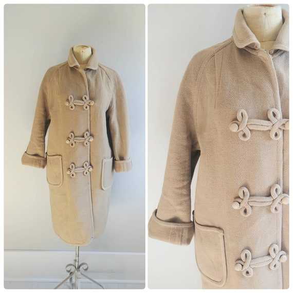Medium Vintage Reversible Beige Wool Wrap Long Co… - image 1