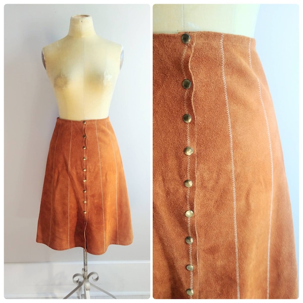 Petite jupe boutonnée en cuir suédé marron vintage des années 1960, taille haute Penny Lane Retro Boho Mod