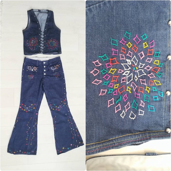 Medium Vintage 1970s Embroidered Denim Jean Matchi