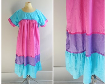 Large Vintage 1980s Pink Tent Tarpeze Dress Summer Sundress Tiered Gown