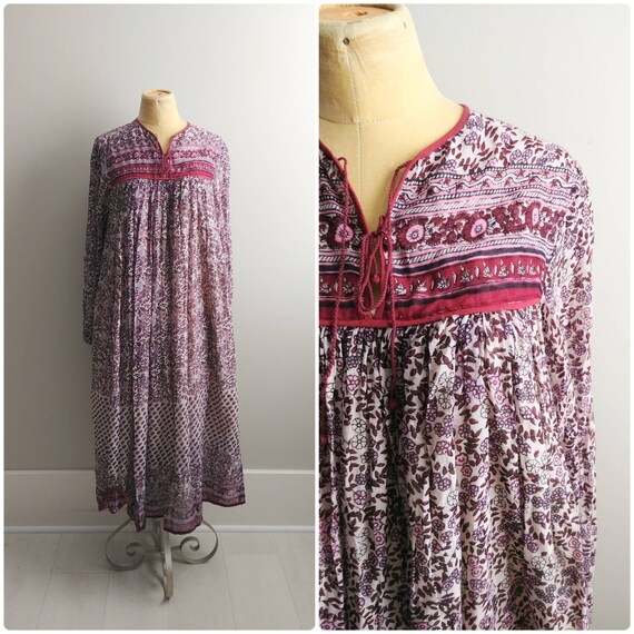 Vintage Indian Cotton Gauze Dress Boho Hippie Pink