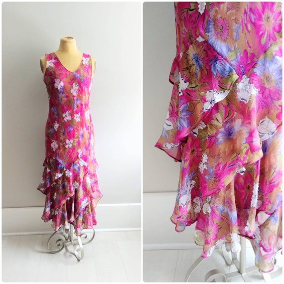 Medium 1990s Vintage Pink Chiffon Ruffle Dress Bia