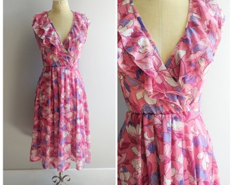 Small Vintage 70s Floral Ruffle Collar Dress Boho Hippie Summer Mini Gown