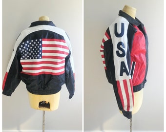 M/L Vintage Mens 1990s Leather USA American Flag Jacket Bomber Coat Peter England