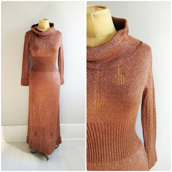 S/M Vintage Bronze Metallic Sweater Dress Turtle N