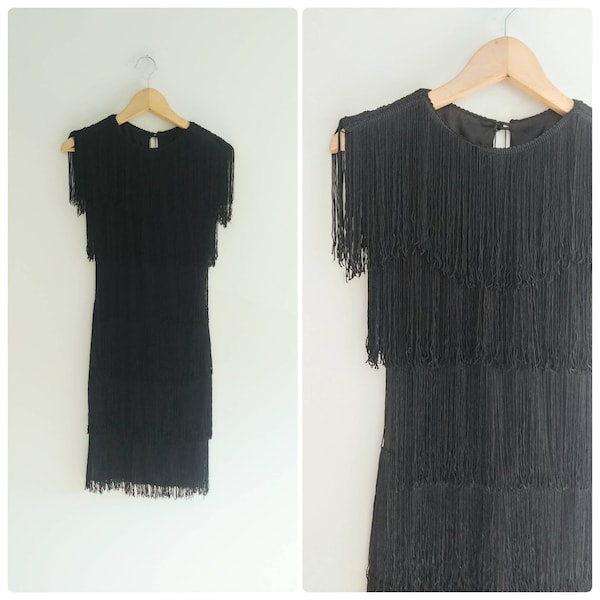 Small Vintage 1980s Black Fringe Tassel Dress Flapper Deco Gown