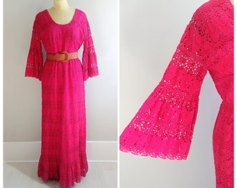 Medium Vintage 1970s Womens Pink Mexican Wedding Dress Crochet Lace Gown