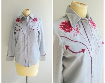 Medium Vintage 1970s H Bar C Western Wear Cowboy Top Pearl Snap Button Up Shirt, Rose Embroidered Square Dance Blouse