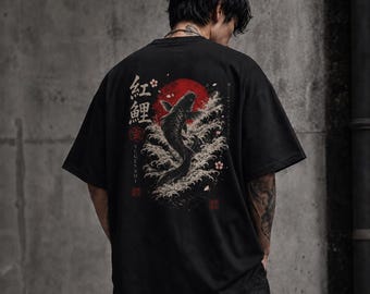 Crimson Koi Unisex Oversized Shirt, Japanese Streetwear Tee, Koi Fish Graphic T-Shirt, Dark Sumi-e Art, Boxy Fit Black Shirt