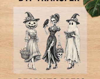 Vintage Gothic Halloween Girls DTF Transfer, Skeleton Ghost Pumpkin Ready to Press