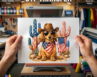 Patriotic Cowboy Dachshund DTF Transfer, American Flag Dog Western Shirt Print