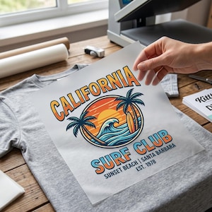 May include: A clear transfer sheet featuring a California Surf Club graphic with a sunset, palm trees, and ocean waves, positioned over a grey t-shirt. The design includes orange and blue text reading California Surf Club, Sunset Beach, Santa Barbara, Est. 1978.