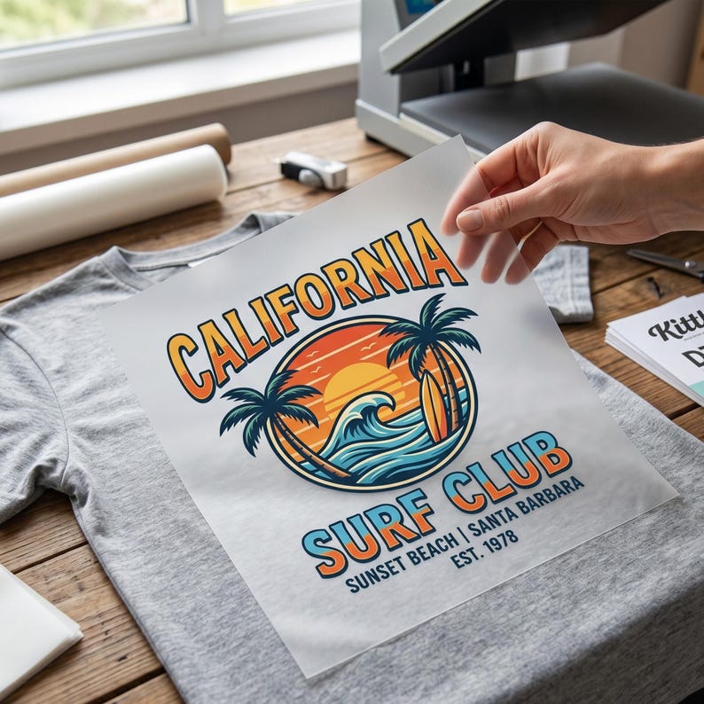 May include: A clear transfer sheet featuring a California Surf Club graphic with a sunset, palm trees, and ocean waves, positioned over a grey t-shirt. The design includes orange and blue text reading California Surf Club, Sunset Beach, Santa Barbara, Est. 1978.