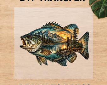 Bass Fishing DTF Transfer, Mountain Lake Angler Iron On Transfer, Fisherman Nature Tee
