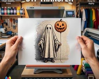 Vintage Ghost DTF Transfer, Halloween Pumpkin Balloon Ready to Press, Spooky Season Iron On