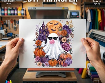 Bubblegum Ghost DTF Transfer, Floral Halloween Ready to Press, Preppy Spooky Iron On