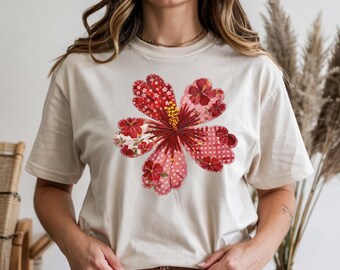 Patchwork Floral Flower Shirt, Red Pink Blossom Graphic Tee, Cottagecore Garden Shirt, Botanical Spring Summer Women Tshirt