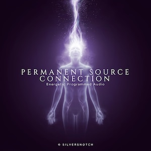 May include: A digital illustration of a human silhouette in shades of purple, with a bright light emanating from the head. The text reads PERMANENT SOURCE CONNECTION, Energetic Programmed Audio, and at the bottom, © SILVERSNOTCH.