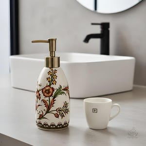 Floral Keramik Seifenspender Gold Messing Pump Badezimmer Arbeitsplatte Küche Handseife