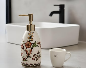 Dozownik mydła ceramiczny w kolorze kwiatowym, złoty, mosiężny, łazienkowy, kuchenny, z pompką, do mycia rąk