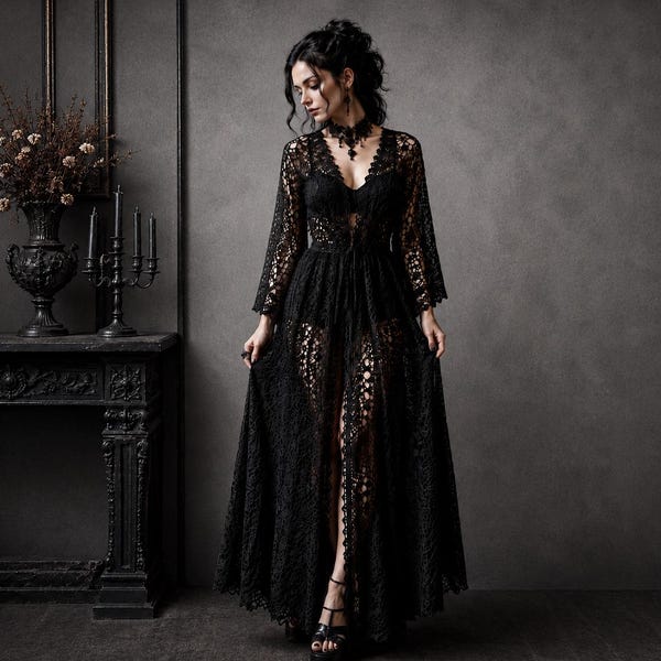 Gothic Crochet Pattern For Women Bell Sleeve Robe  Lace Crochet Cardigan Mosaic Crochet Lace Top Long Vest Digital Download