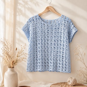 May include: A light blue short-sleeved top featuring an intricate openwork crochet pattern with a round neckline and a scalloped hem, displayed on a wooden hanger. The garment is constructed with a repeating vertical stitch design.