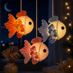 May include: Three hanging crochet fish lamps with internal lights. One fish is orange, one is blue, and one is pink. Each fish features a round body, textured scales, and a prominent black eye. They are suspended by white cords against a dark background.