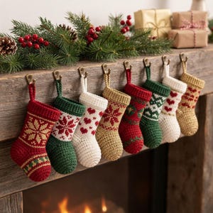 Puede incluir: Una fila de ocho pequeños calcetines navideños de ganchillo colgados de una repisa de madera. Los calcetines presentan varios patrones, incluyendo copos de nieve, corazones y colores sólidos en rojo, verde, blanco y dorado.