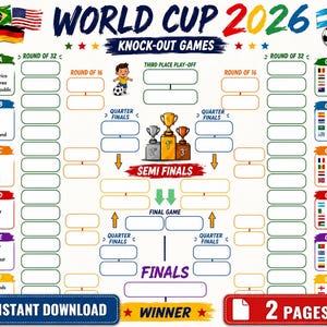 May include: A World Cup 2026 knock-out games tournament bracket chart featuring colorful national flags, soccer balls, a central trophy podium, and blank spaces for match results. The design includes group listings from A to L and text.