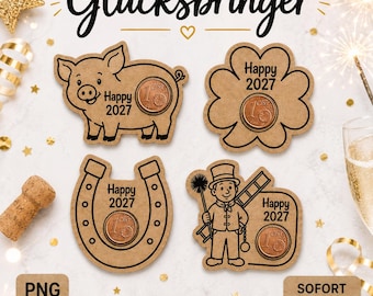 Glücksbringer zum Ausschneiden PNG | Silvester Bastelvorlage | 4 Designs auf Kraftpapier | DIY Neujahr 2027 | Münze | Sofort Download