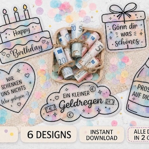 May include: A collection of six decorative stickers featuring pastel watercolor patterns and black outlines. Designs include a birthday cake, a gift box, a heart, a cloud, and a champagne bottle with German text, plus a wooden bowl filled with rolled Euro banknotes.