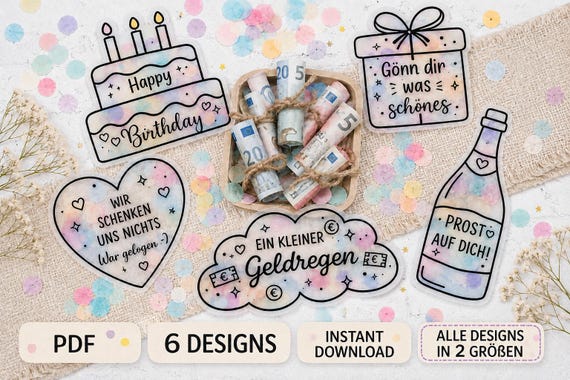 Schüttelkarte Geldgeschenk Geburtstag – Verpackung für Geld & Konfetti – Wunscherfüller – Bastelvorlage PDF Druckvorlage Geschenk DIY
