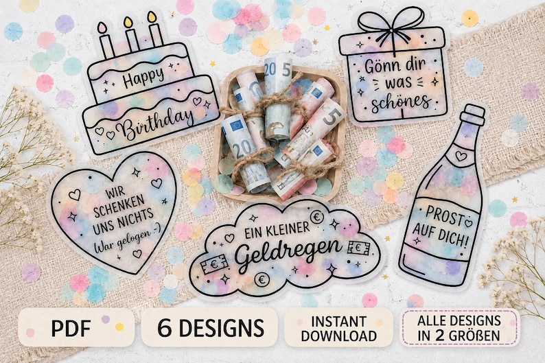 May include: A collection of six decorative stickers featuring pastel watercolor patterns and black outlines. Designs include a birthday cake, a gift box, a heart, a cloud, and a champagne bottle with German text, plus a wooden bowl filled with rolled Euro banknotes.