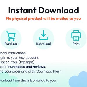May include: An informational graphic titled Instant Download with the text No physical product will be mailed to you. It features three teal icons representing Purchase, Download, and Print, followed by a list of instructions for Etsy users.
