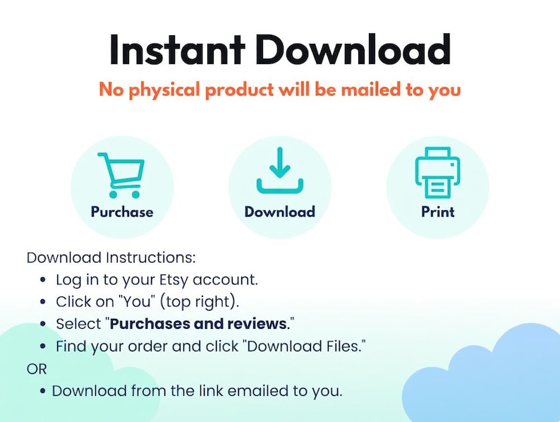 May include: An informational graphic titled Instant Download with the text No physical product will be mailed to you. It features three teal icons representing Purchase, Download, and Print, followed by a list of instructions for Etsy users.