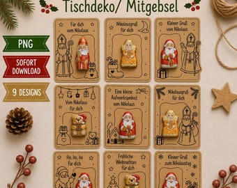 Nikolaus Mitgebsel zum Ausdrucken | 9 Nikolaus Kärtchen | Digitaler PNG Download | Schokonikolaus Halter | Kindergarten & Schule