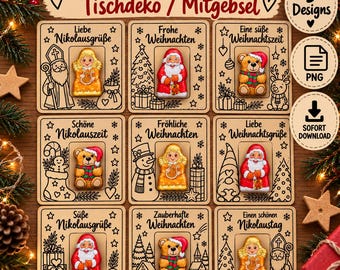 Nikolaus & Weihnachts Mitgebsel zum Ausdrucken | 9 Schokoladen Kärtchen | Tischdeko Weihnachten | Geschenkidee | PNG Sofort Download