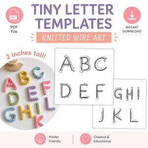 May include: Digital PDF templates for knitted wire art featuring letters A through L. The set includes printable guides with directional arrows for forming letters, alongside examples of finished 2-inch tall knitted wire letters in pink, yellow, blue, purple, and green.