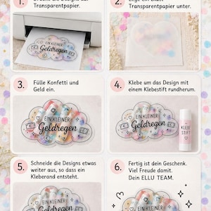 May include: A six-step instructional guide titled Anleitung featuring a cloud-shaped design with the text Ein kleiner Geldregen. The steps illustrate printing on transparent paper, filling with confetti and money, gluing edges, and cutting out the final gift.