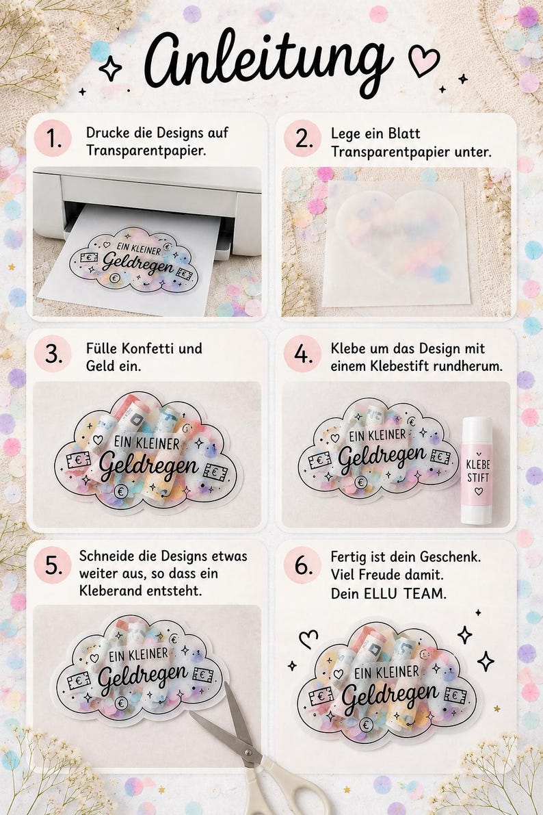 May include: A six-step instructional guide titled Anleitung featuring a cloud-shaped design with the text Ein kleiner Geldregen. The steps illustrate printing on transparent paper, filling with confetti and money, gluing edges, and cutting out the final gift.