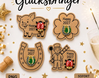 Glücksbringer zum Ausschneiden | Silvester Bastelvorlage | 4 Designs auf Kraftpapier | DIY Neujahr 2027 | Schokolade aufkleben