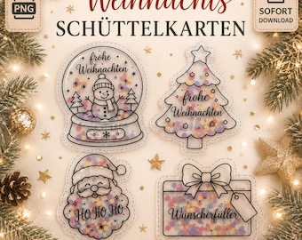 Schüttelkarte Weihnachten PNG | DIY Geldgeschenk | Transparentpapier Vorlage | Weihnachtsbaum, Weihnachtsmann & Schneekugel | Digital