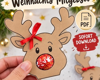 Rudolph Rentier Mitgebsel Weihnachten | Schokoladenhalter für Lindt Kugel | PDF Vorlage zum Ausdrucken | Weihnachtsgeschenk Kinder