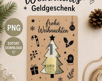 Weihnachts Geldgeschenk zum Ausdrucken | DIY Geldgeschenk Weihnachten | Weihnachtskarte mit Geldschein | PNG Sofort Download