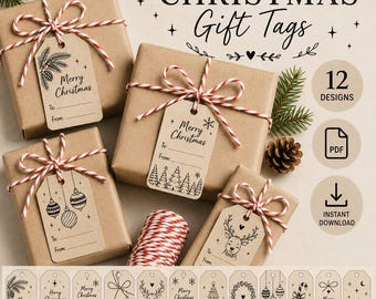 Christmas Gift Tags Printable | 12 Christmas Designs | PDF Download | Printable Gift Tags | Xmas Tags | DIY Christmas Labels