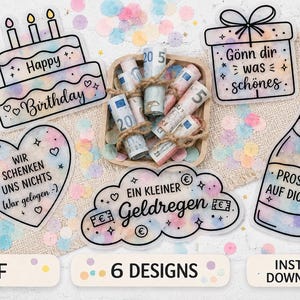 May include: A collection of six die-cut stickers with pastel watercolor backgrounds and black text. Designs include a birthday cake, a gift box, a heart, a cloud with money symbols, and a champagne bottle, surrounding a small wooden box of rolled Euro bills.