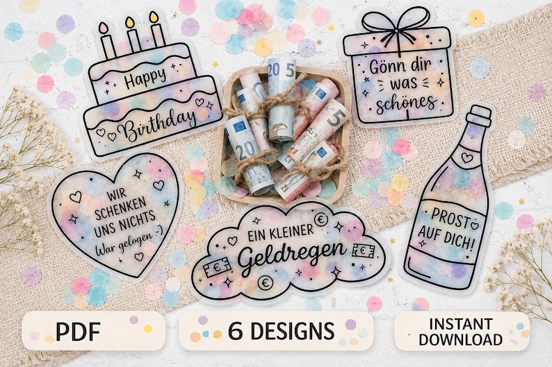 May include: A collection of six die-cut stickers with pastel watercolor backgrounds and black text. Designs include a birthday cake, a gift box, a heart, a cloud with money symbols, and a champagne bottle, surrounding a small wooden box of rolled Euro bills.